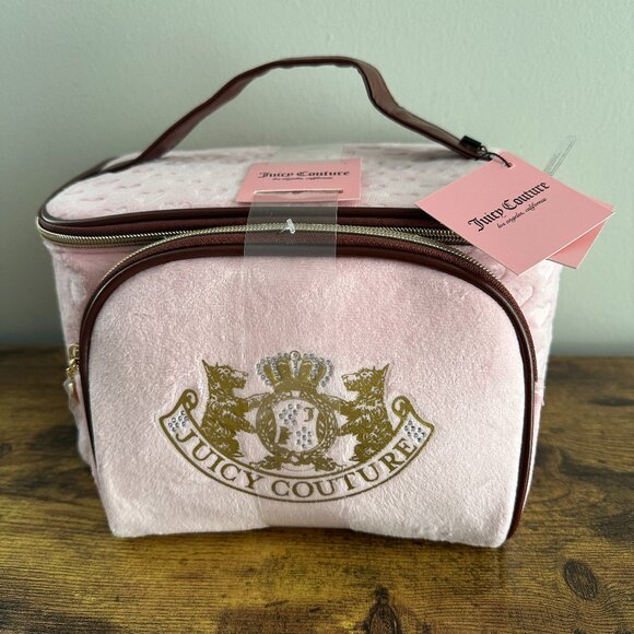 New Juicy Couture Terrier Train Case Makeup Bag Set Pink Brown Hearts Cosmetic - Picture 1 of 6